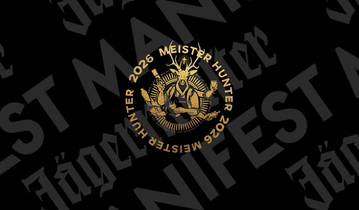 A circular gold emblem with a deer head and the text '2026 MEISTER HUNTER' on a black background with repeated dark gray gothic lettering.
