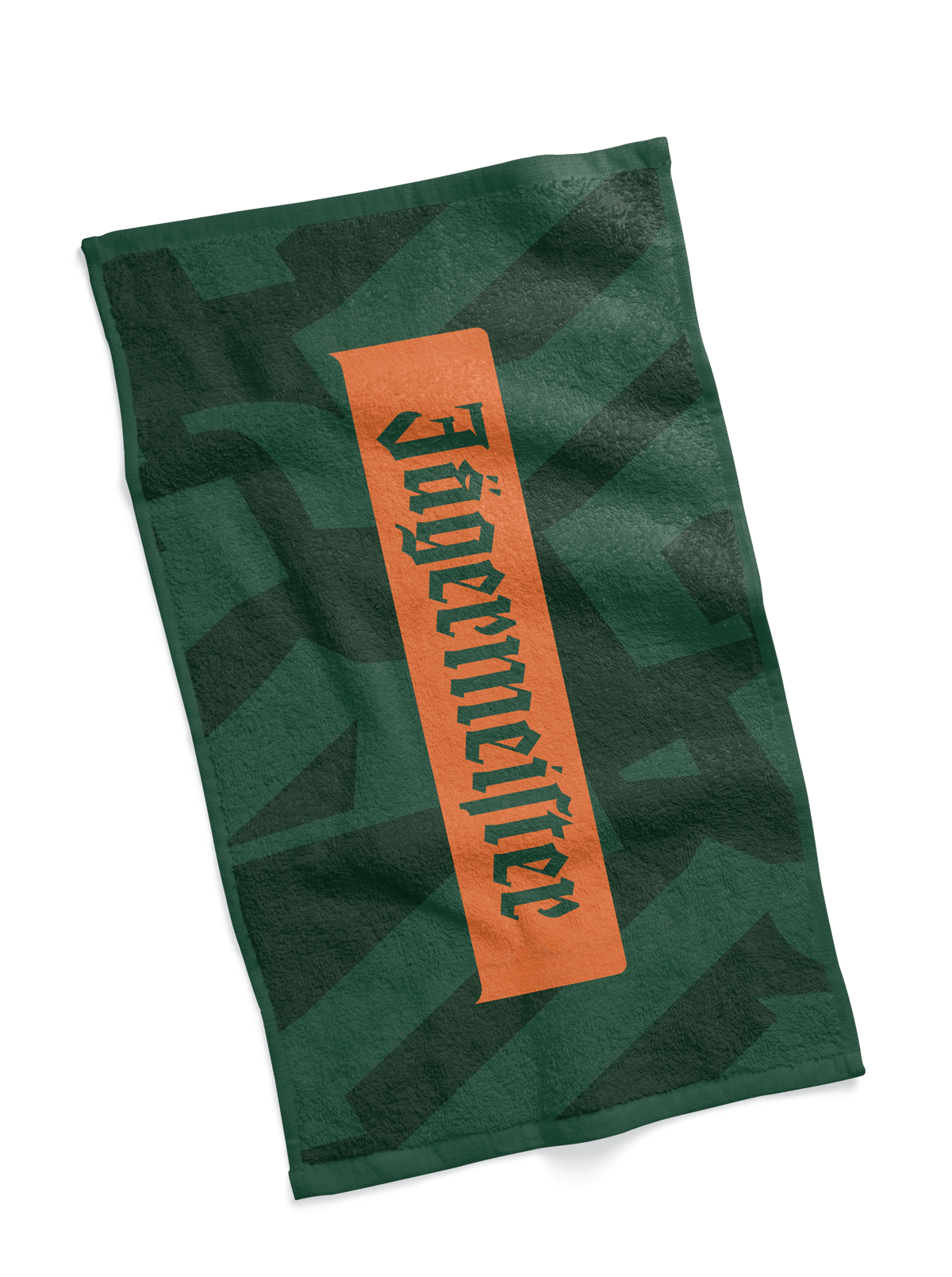 Jägermeister green bar towel featuring a tonal geometric pattern and orange Jägermeister logo.