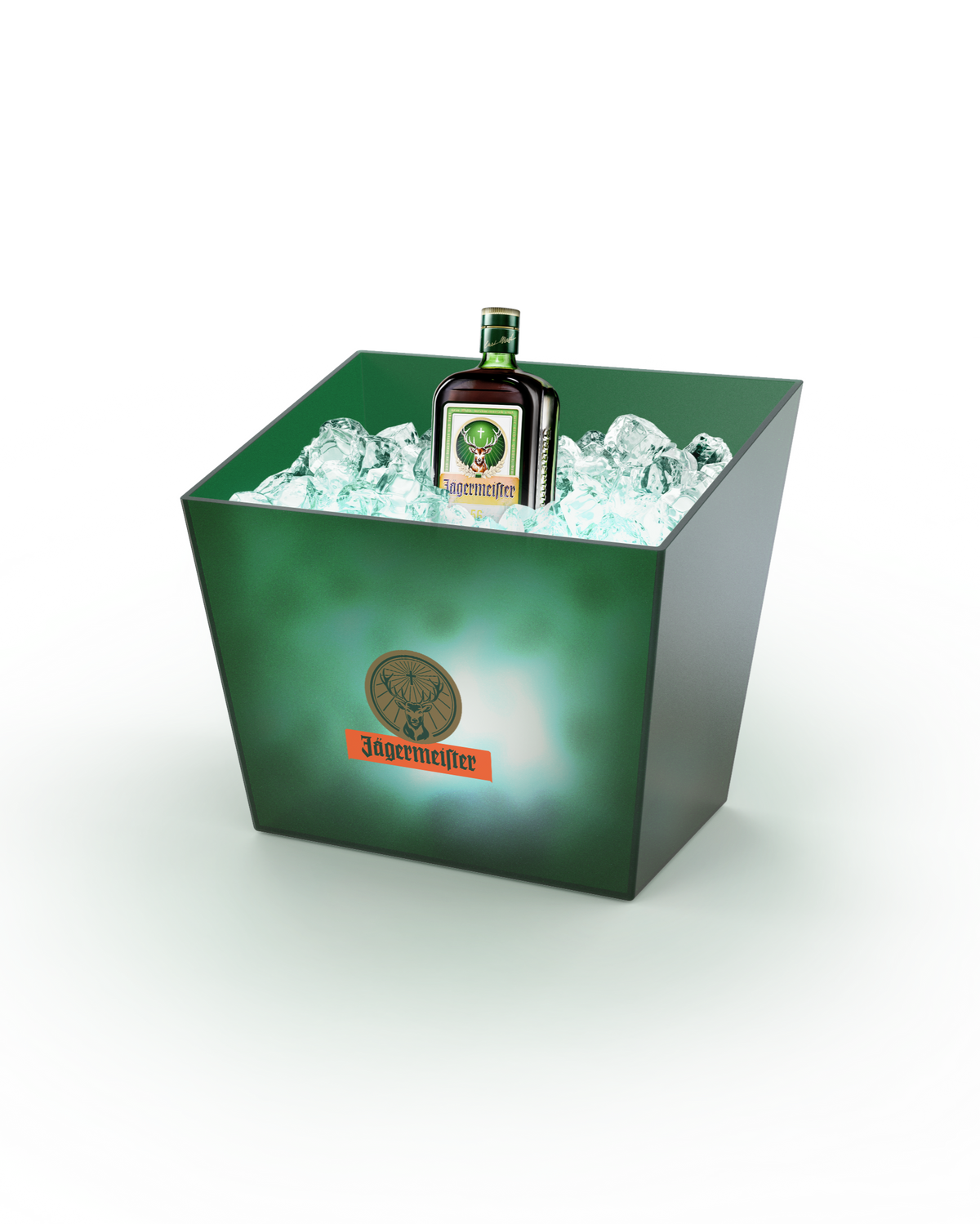 Groene ijsbucket met Jägermeister-fles en ijsblokjes 