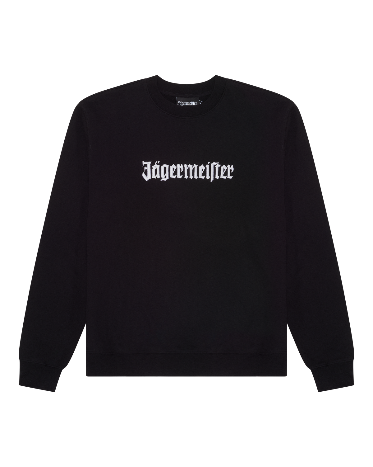 Black sweatshirt with white 'Jägermeister' wordmark
