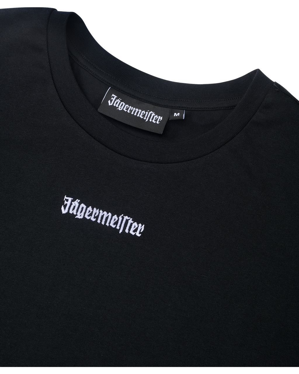 Zwarte cropped tee met Jägermeister-logo.