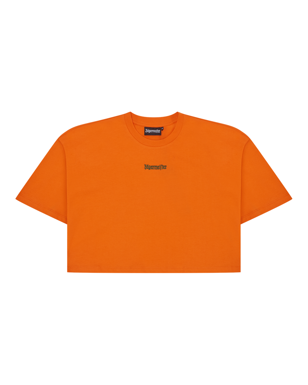 Oranje Jägermeister cropped tee met een groen merkelogo.