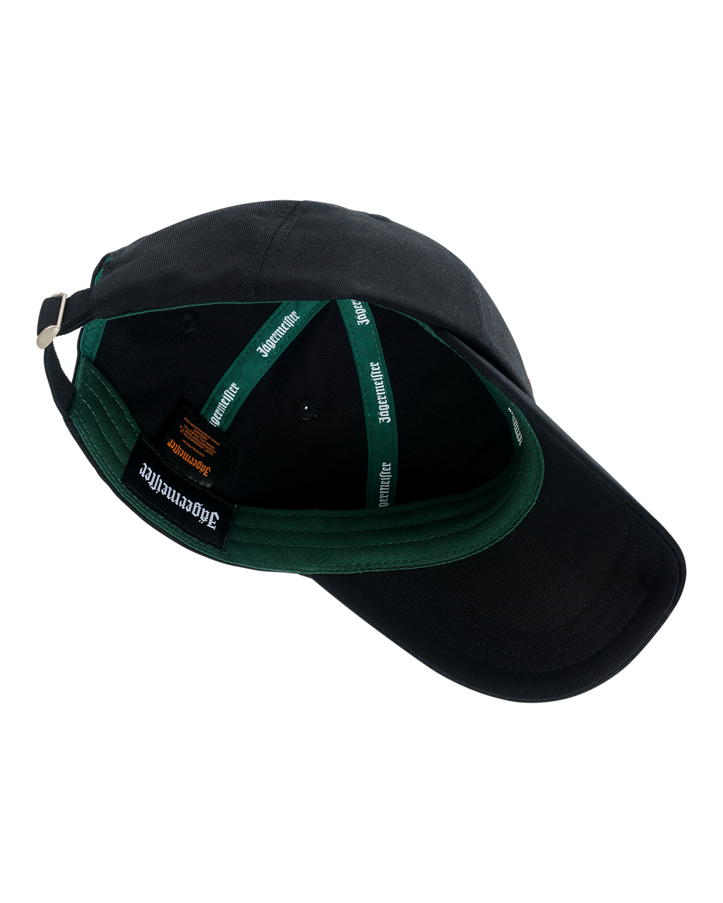Zwarte pet met groene binnenkant en zichtbaar Jägermeister-merklogo.