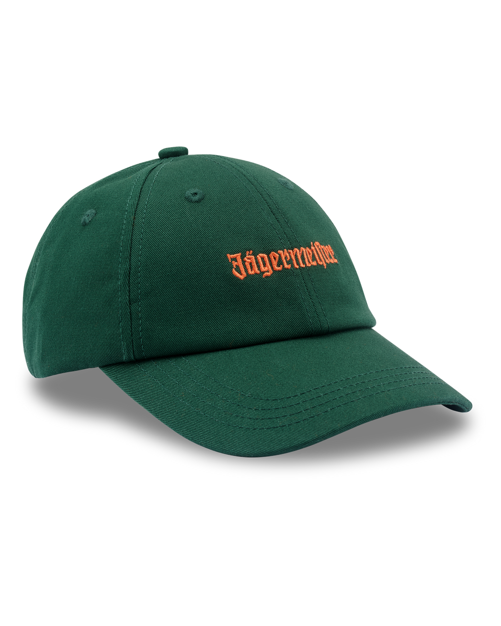 Groene Jägermeister dad cap met een oranje Jägermeister-wordmarklogo op de voorkant.