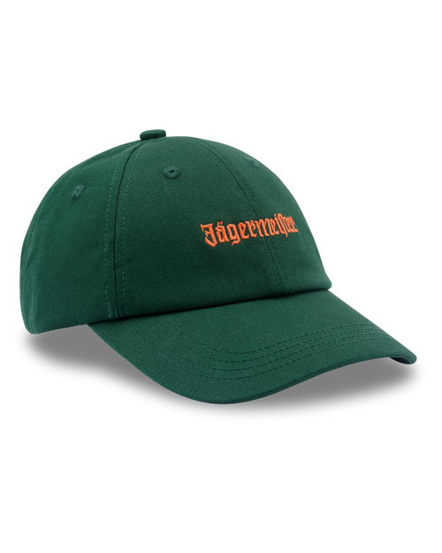 Green Jägermeister dad cap with an orange Jägermeister wordmark logo on the front.