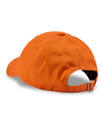 Oranje Jägermeister dad cap van opzij, zonder zichtbaar logo.