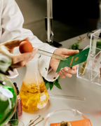 Persoon die een fles gele vloeistof vasthoudt met een groen geurpapier, omringd door laboratoriumspullen.