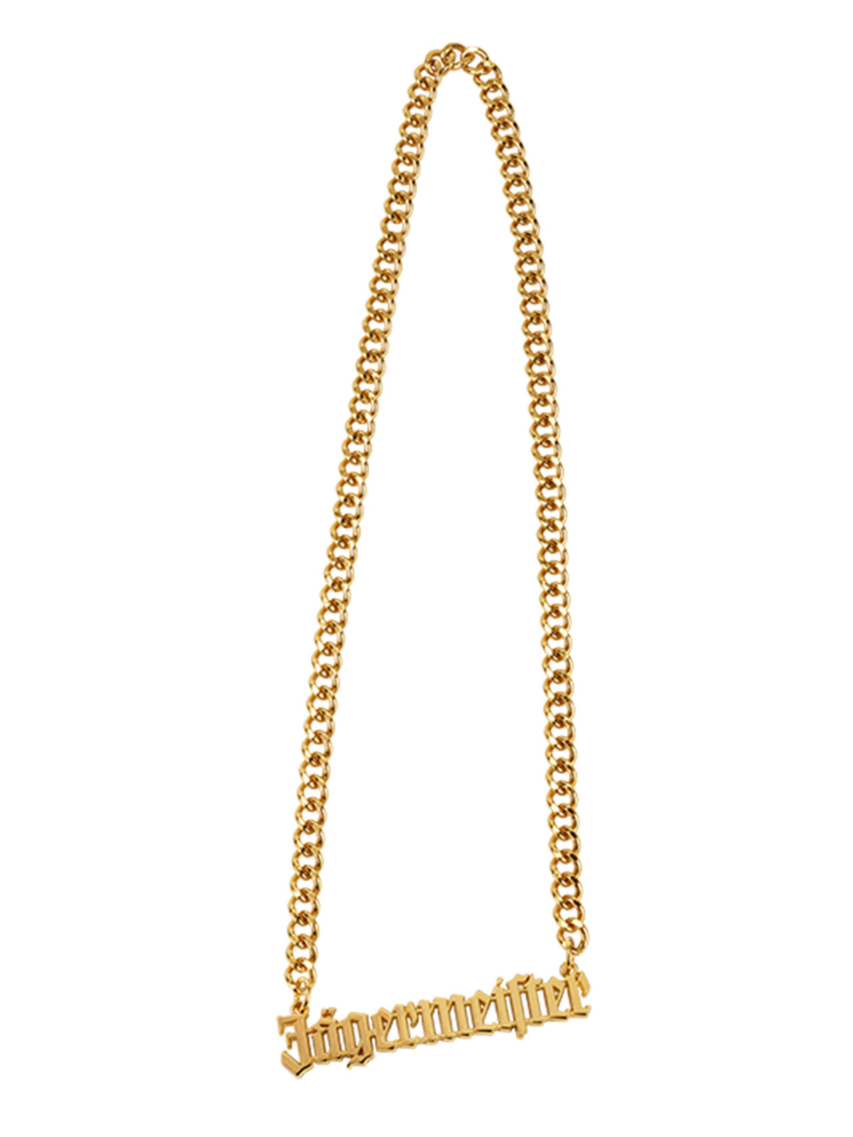 Gold chain necklace with 'Jägermeister' pendant.