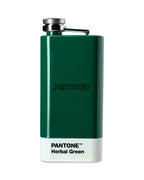 Green flask with 'Jägermeifter' and 'Pantone Herbal Green' text on a white background