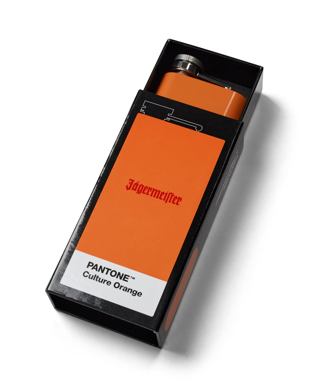 Orange Jägermeister flask in a black box with 'PANTONE Culture Orange' label on a white background