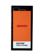 Jägermeister hipflask box with 'PANTONE Culture Orange' label on a white background