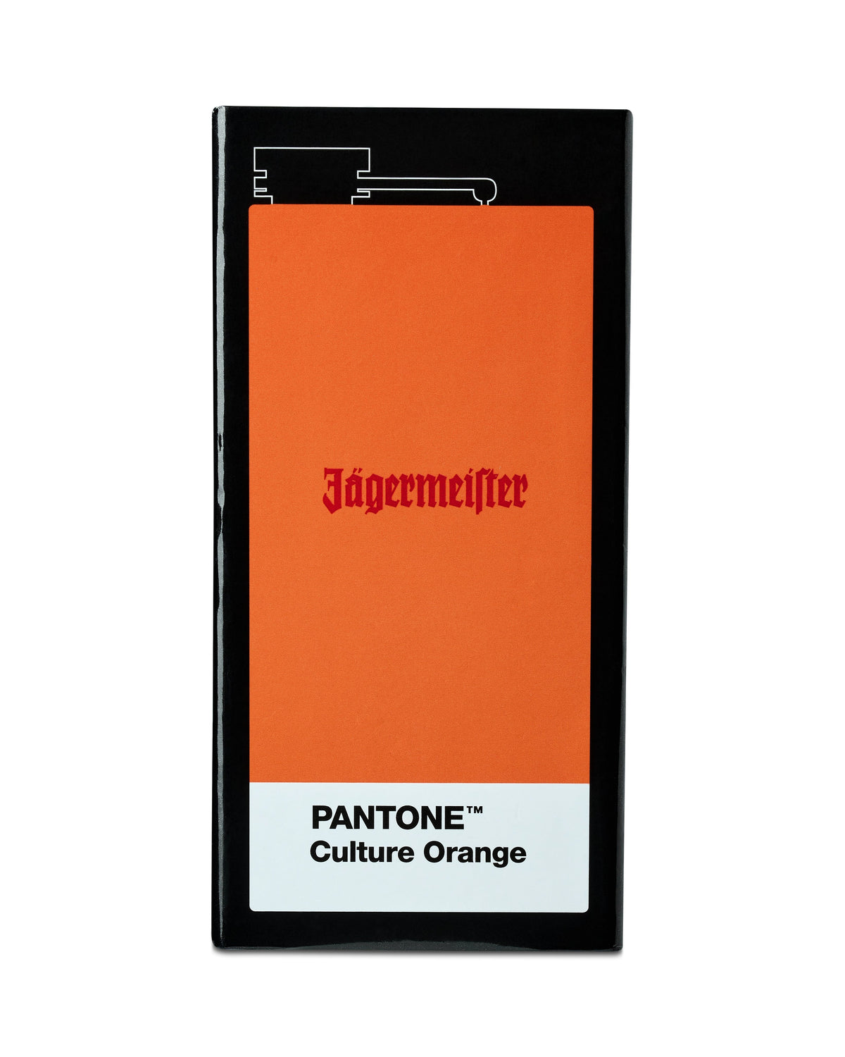 Jägermeister hipflask box with 'PANTONE Culture Orange' label on a white background
