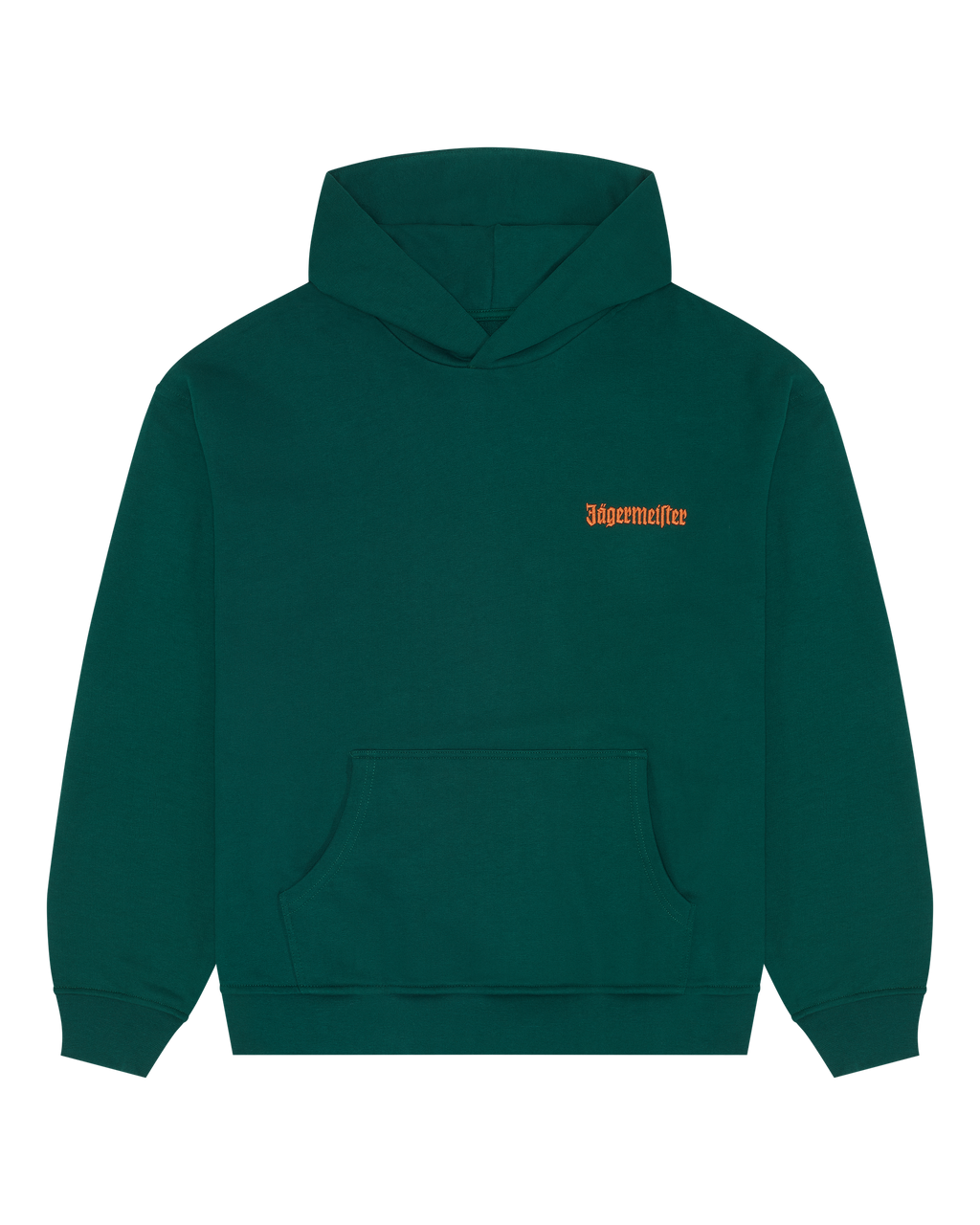 Groene hoodie met een oranje merklogo op de borst.
