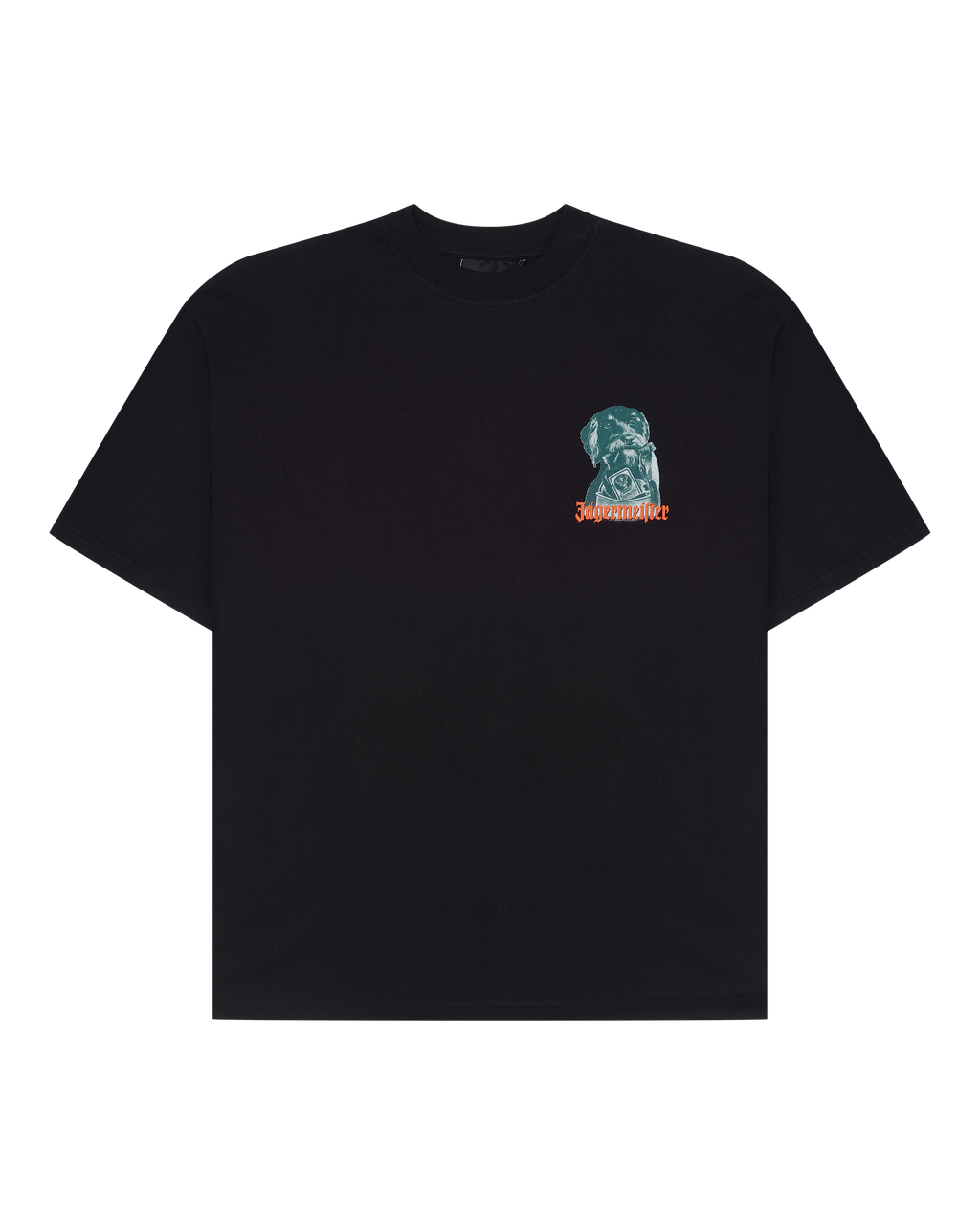 Black t-shirt with the Jägermeister Waldi graphic on the chest.