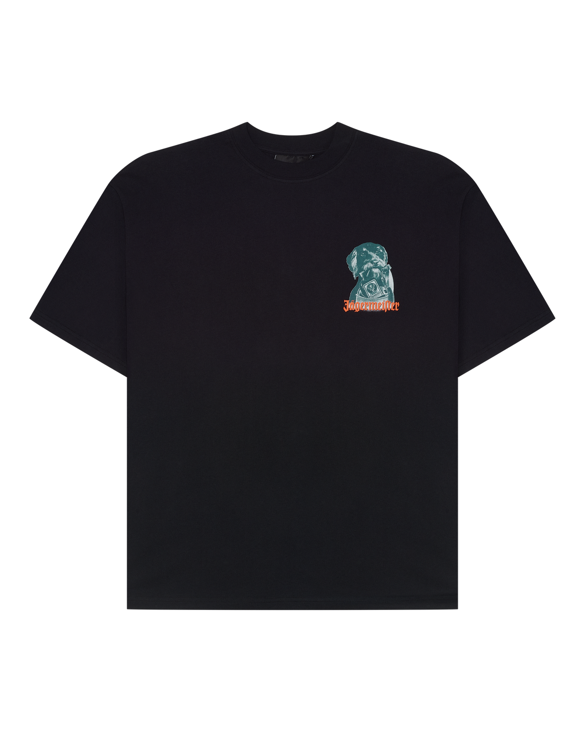 Black t-shirt with the Jägermeister Waldi graphic on the chest.