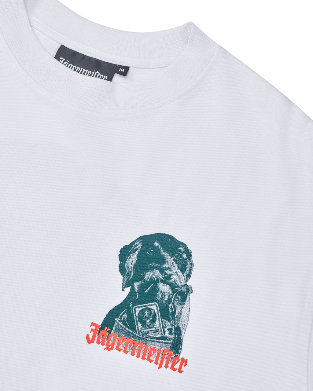 White t-shirt with a graphic of a dog and 'Jägermeister' text on a white background