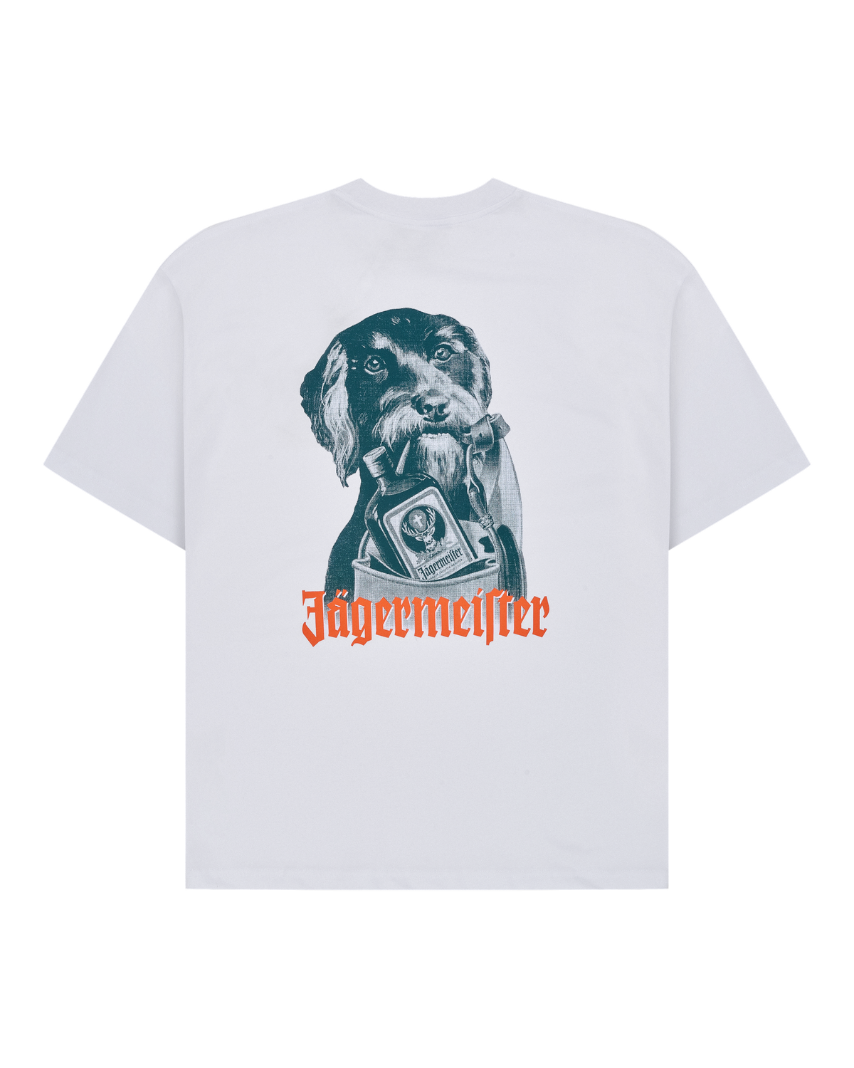 White t-shirt with a dog graphic and Jägermeister logo on a white background