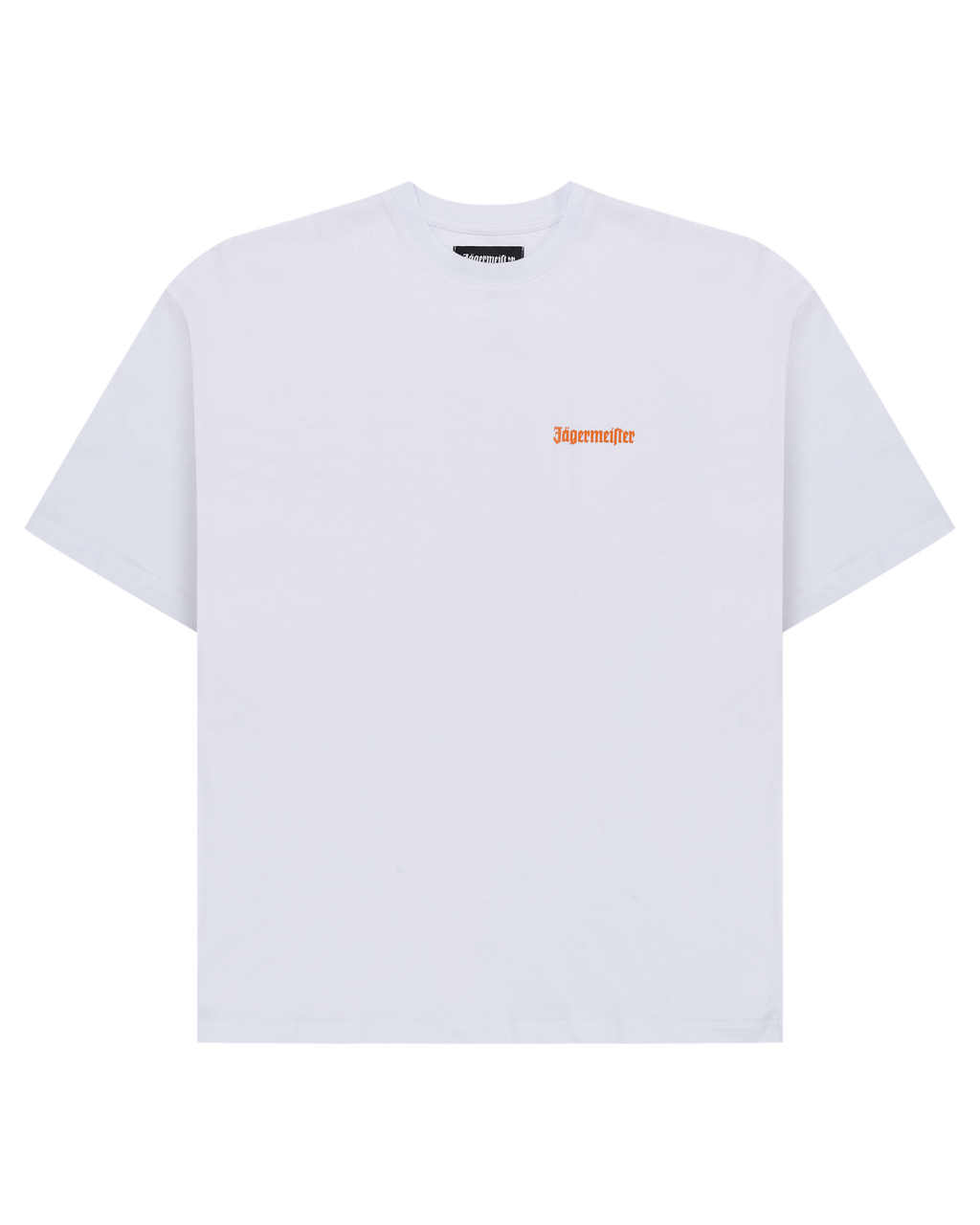Wit T-shirt met een oranje Jägermeister-logo op de borst.
