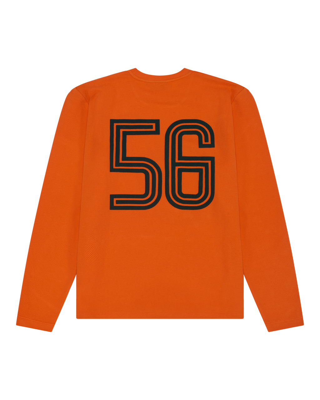 Oranje Jägermeister-longsleeve met zwart nummer 56 op de rug.