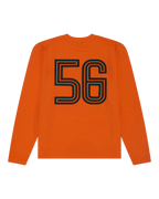 Oranje Jägermeister-longsleeve met zwart nummer 56 op de rug.