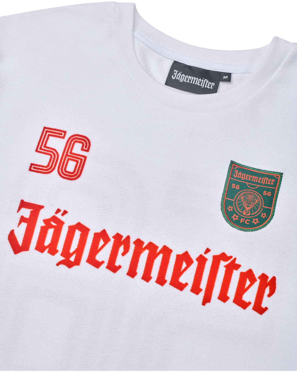 Witte longsleeve met Jägermeister-branding, inclusief nummers en logo.