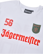 Witte longsleeve met Jägermeister-branding, inclusief nummers en logo.