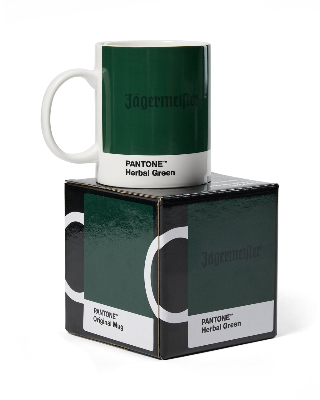 Groene mok met 'Jägermeister'-branding op een bijpassende doos