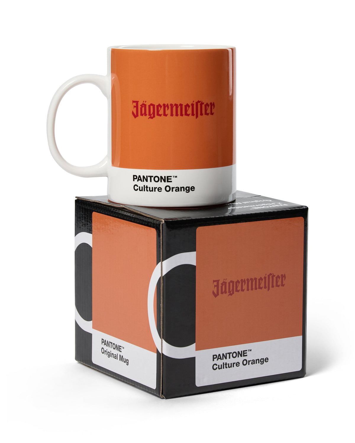 Oranje mok met Jägermeister-branding op een bijpassende doos