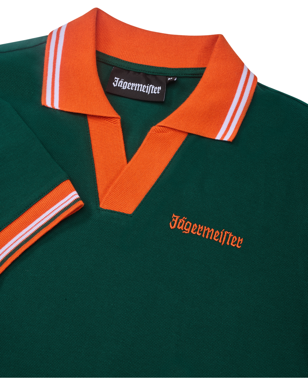 Green polo dress with orange collar and trim featuring Jägermeister branding.