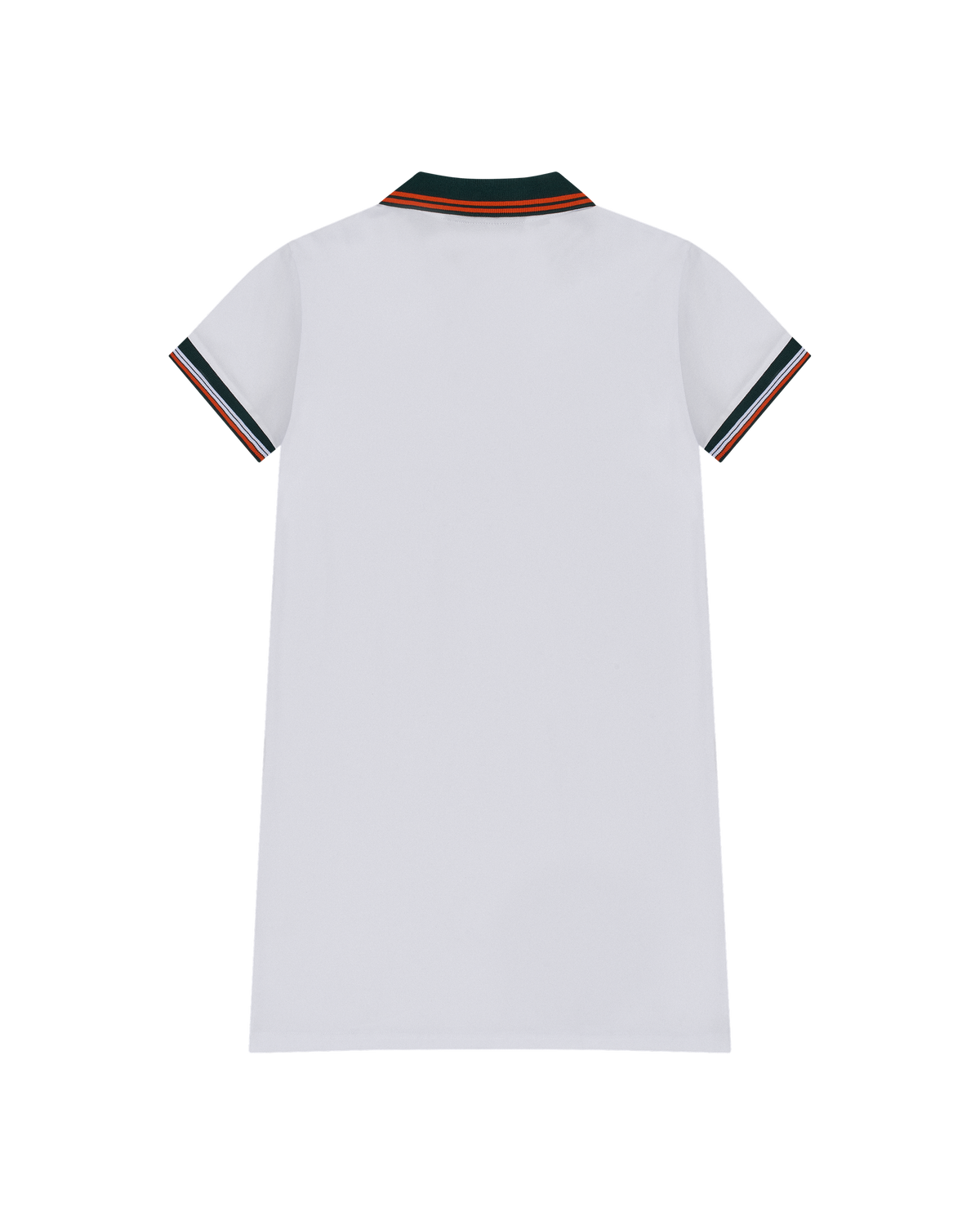 White polo dress with green and orange collar details from the back