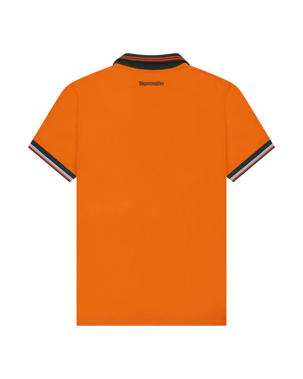 Orange Jägermeister polo shirt from the back with white and orange trim.