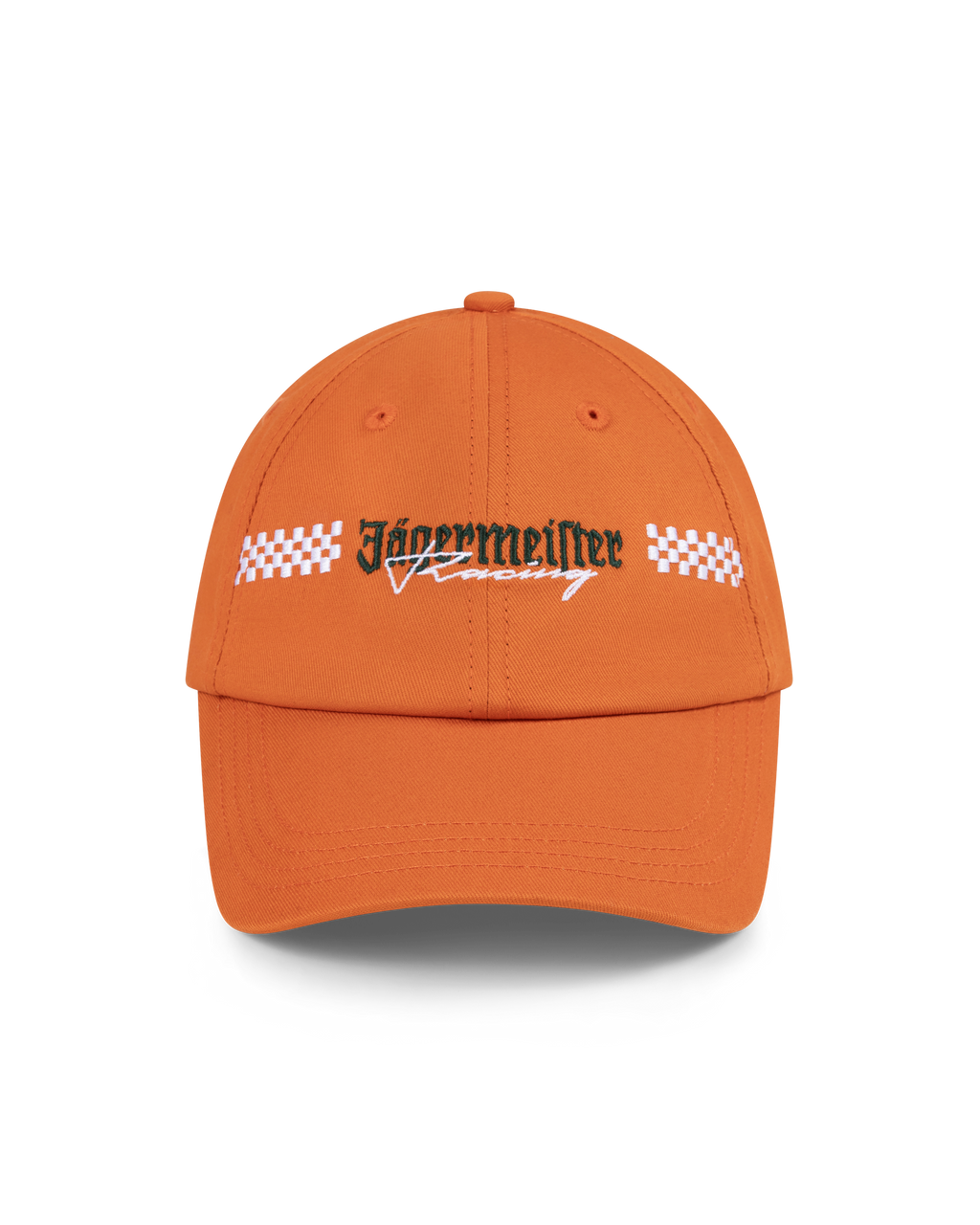 Oranje pet met Jägermeister Racing-logo.
