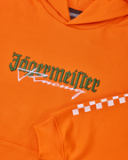 Oranje hoodie met een wit en groen Jägermeister Racing-logo.