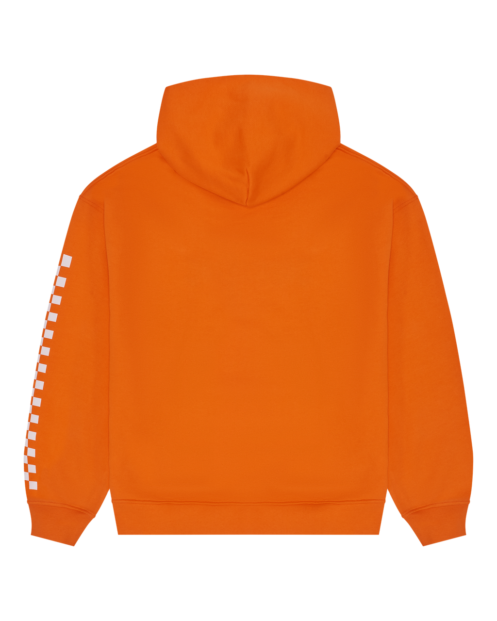 Oranje Jägermeister Racing-hoodie met wit geruit mouwontwerp.