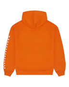 Oranje Jägermeister Racing-hoodie met wit geruit mouwontwerp.