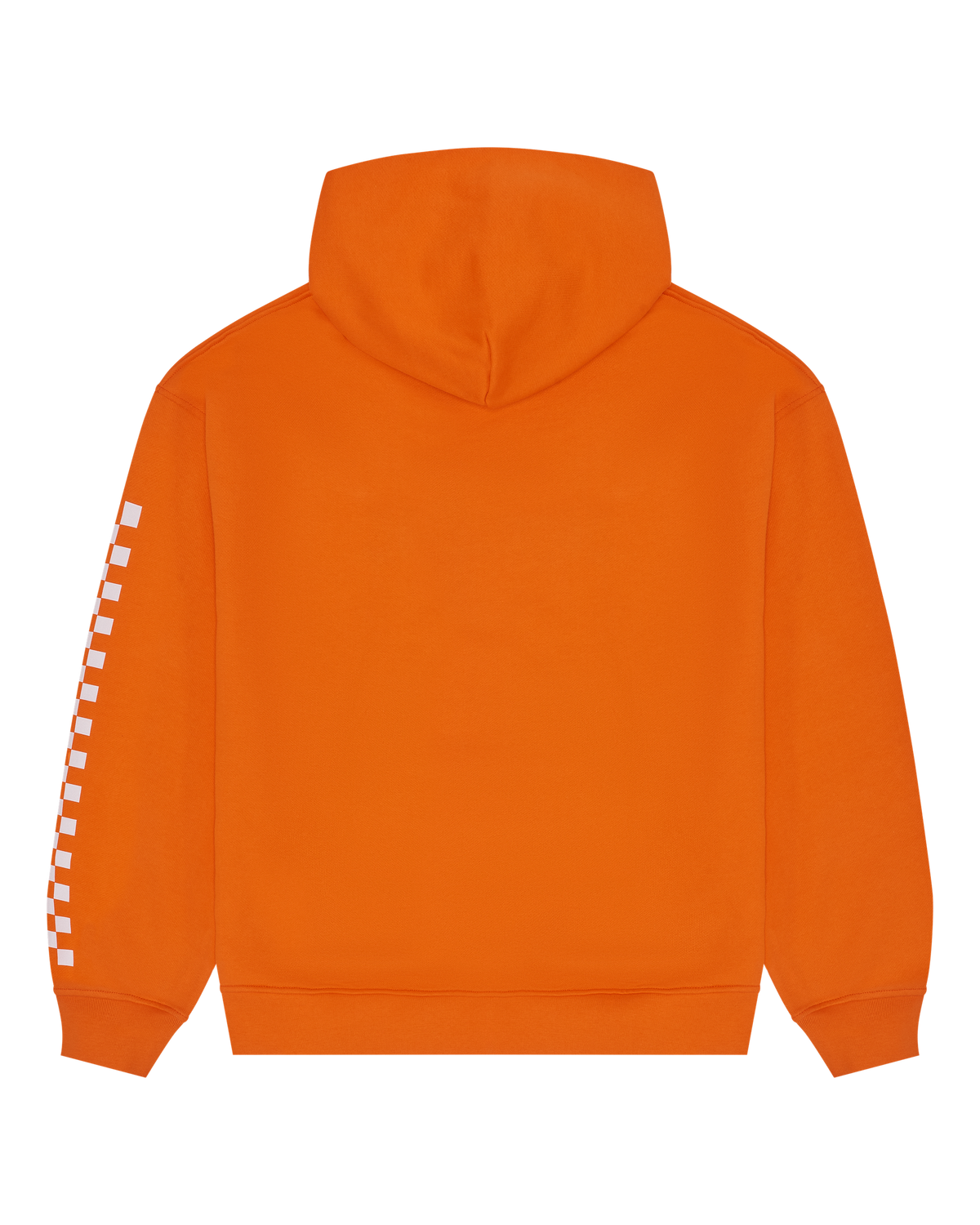 Orange Jägermeister Racing hoodie with white checkered sleeve design.