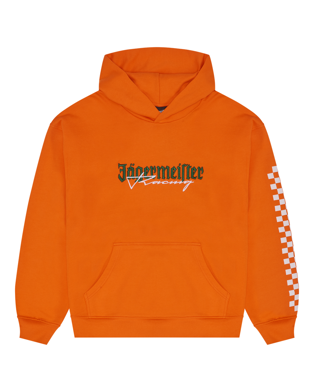 Oranje Jägermeister Racing-hoodie van voren.