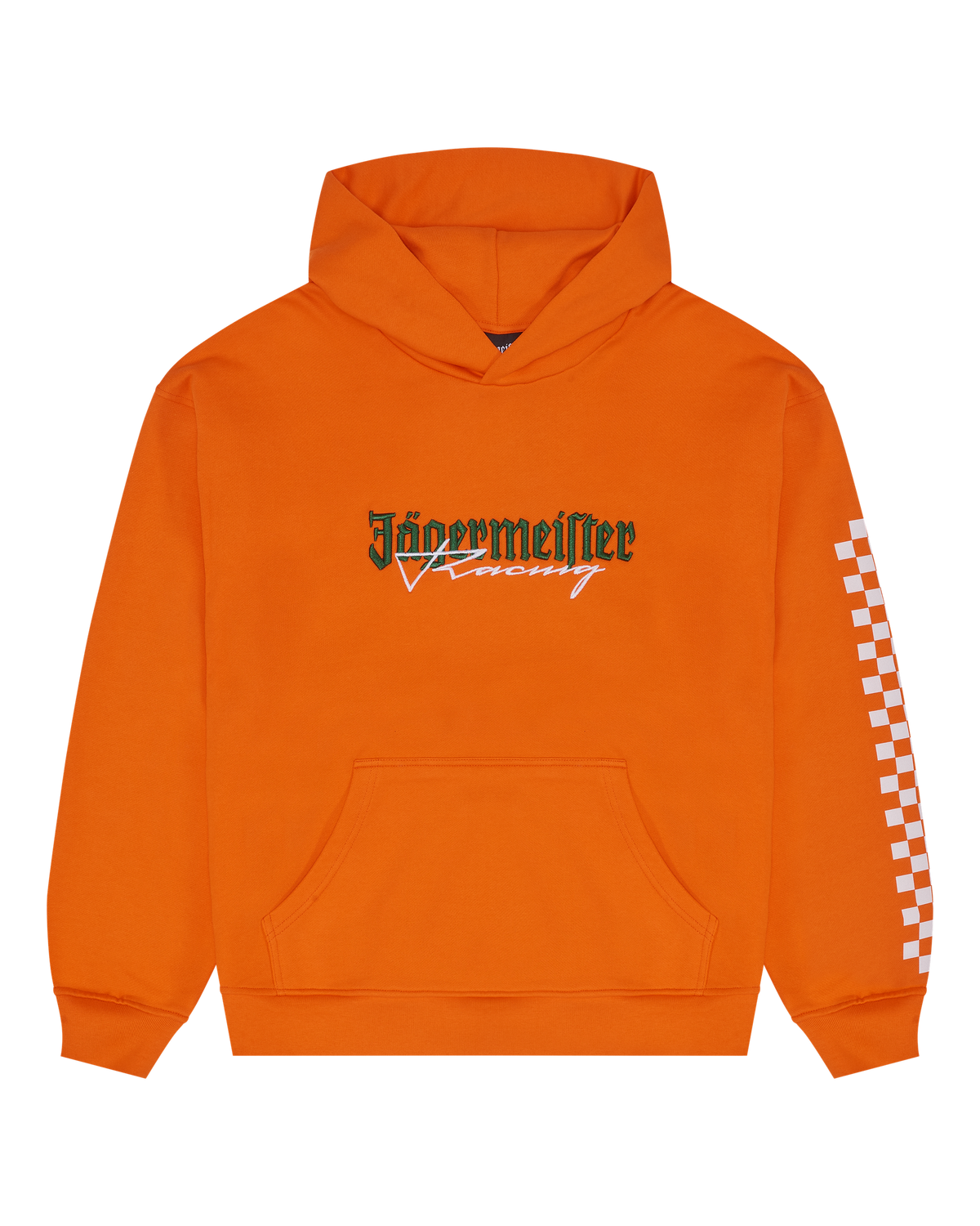 Orange Jägermeister Racing hoodie from the front.