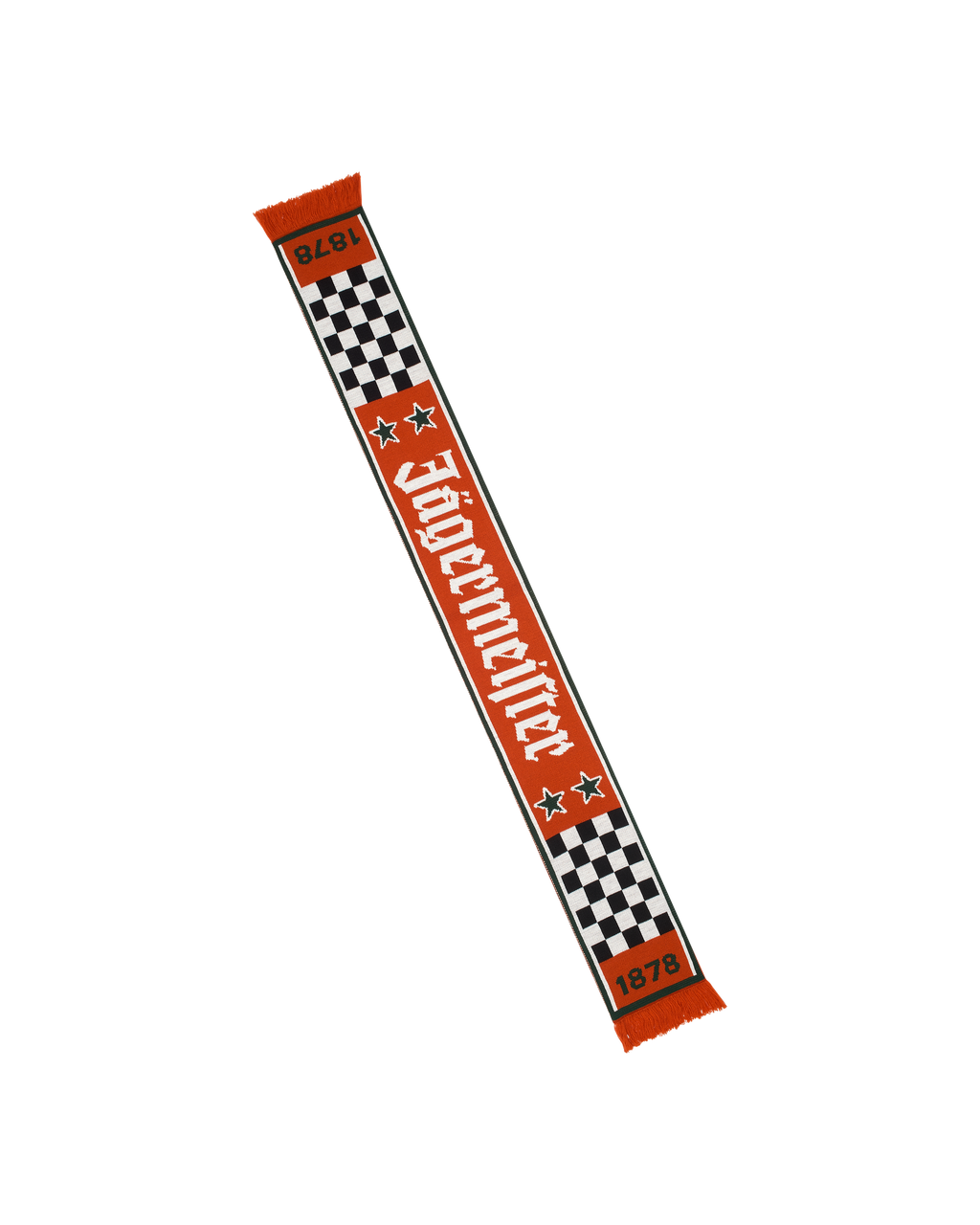 Jägermeister Racing-sjaal met ruitpatroon en tekst, de oranje kant is zichtbaar.