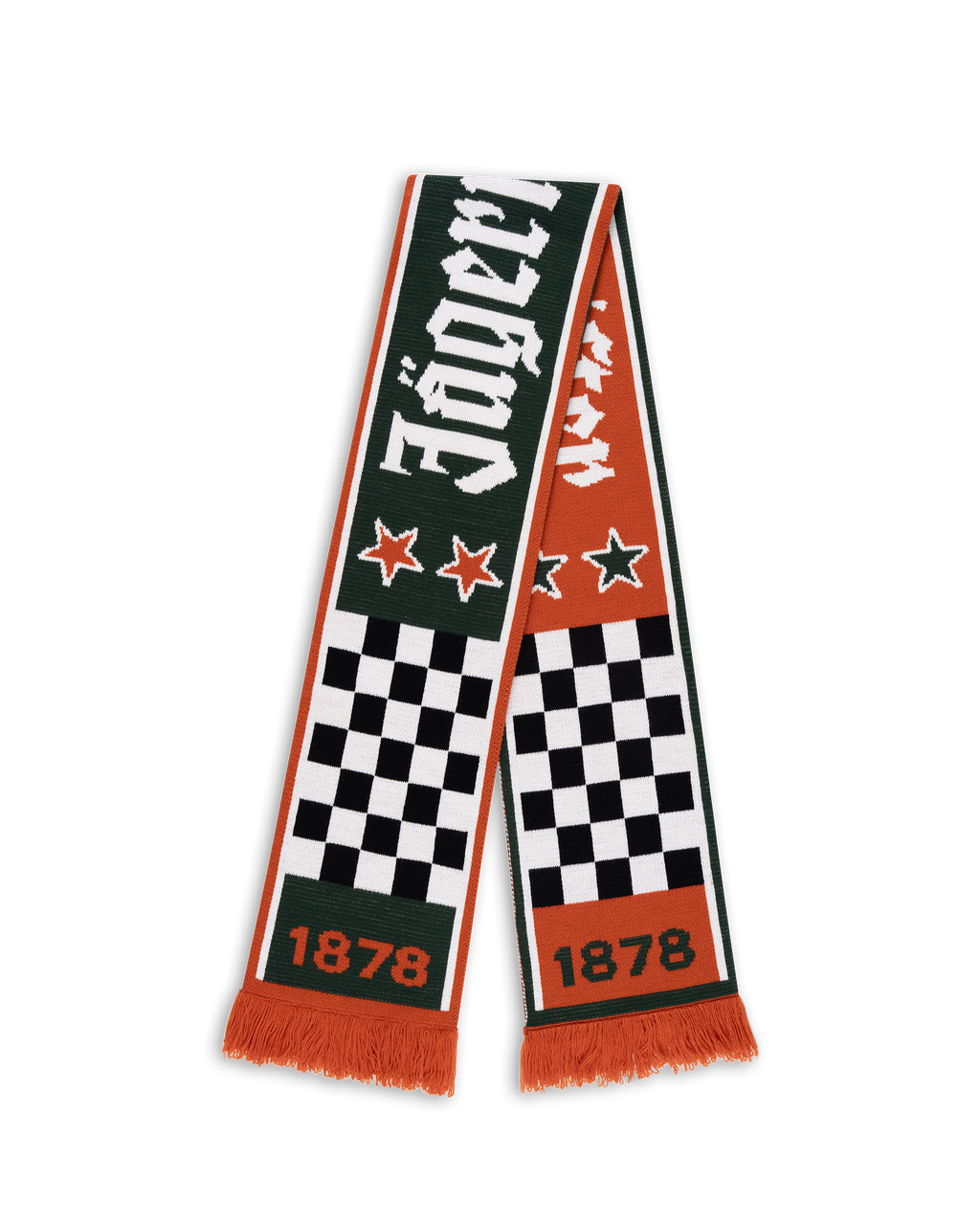 Jägermeister Racing-sjaal met ruitpatroon en sterren, waarop het Jägermeister-logo en het oprichtingsjaar 1878 van het bedrijf te zien zijn.
