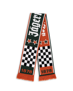 Jägermeister Racing-sjaal met ruitpatroon en sterren, waarop het Jägermeister-logo en het oprichtingsjaar 1878 van het bedrijf te zien zijn.