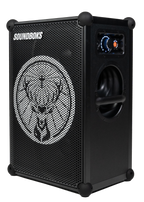 Zwarte Soundboks-speaker met Jägermeister-merklogo
