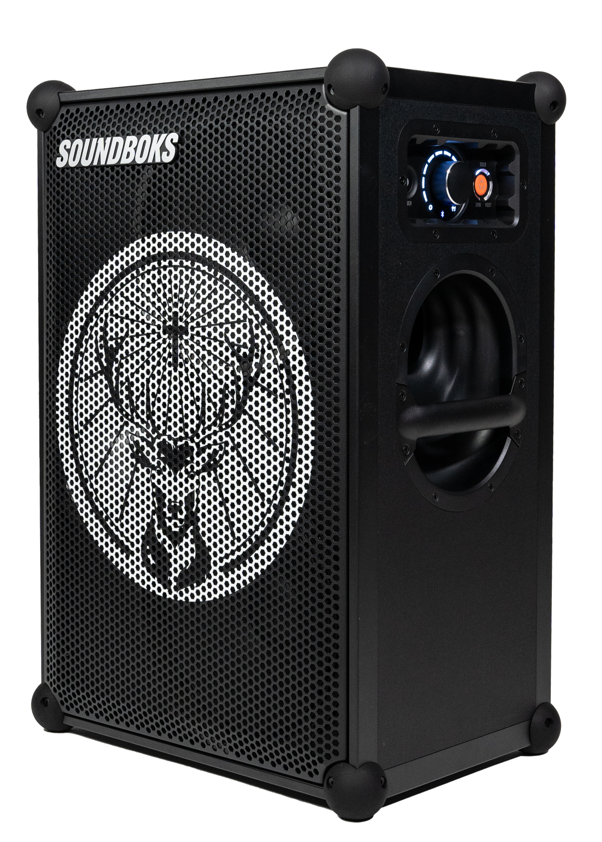 Zwarte Soundboks-speaker met Jägermeister-merklogo