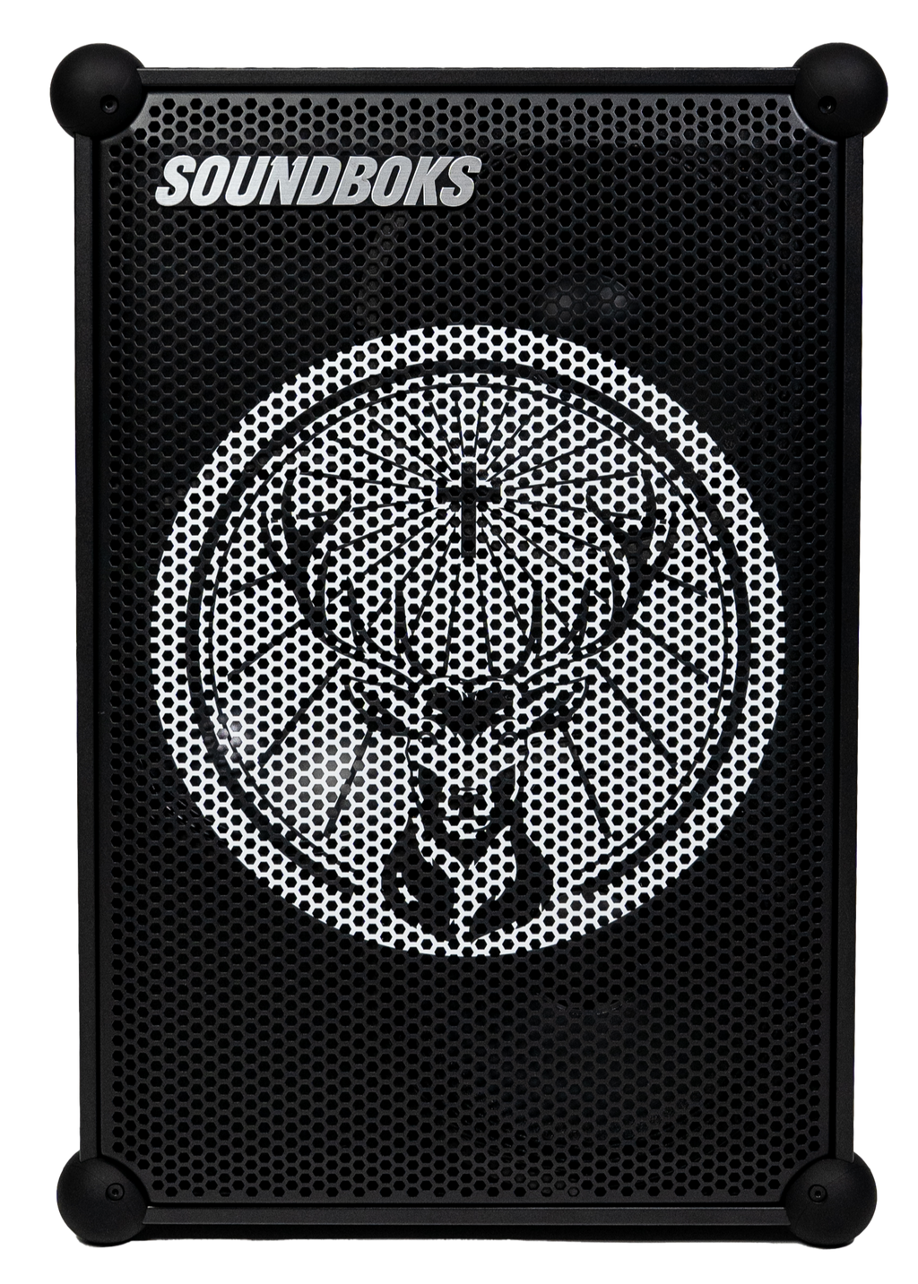 Zwarte Soundboks-speaker met Jägermeister-merklogo