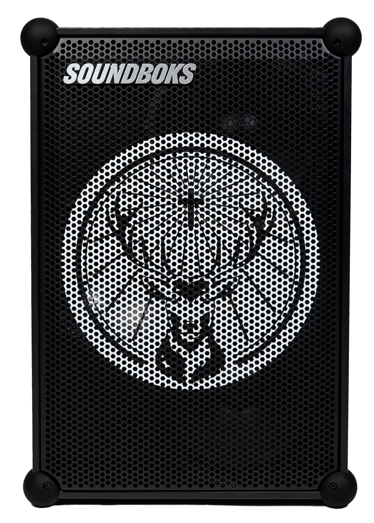 Zwarte Soundboks-speaker met Jägermeister-merklogo