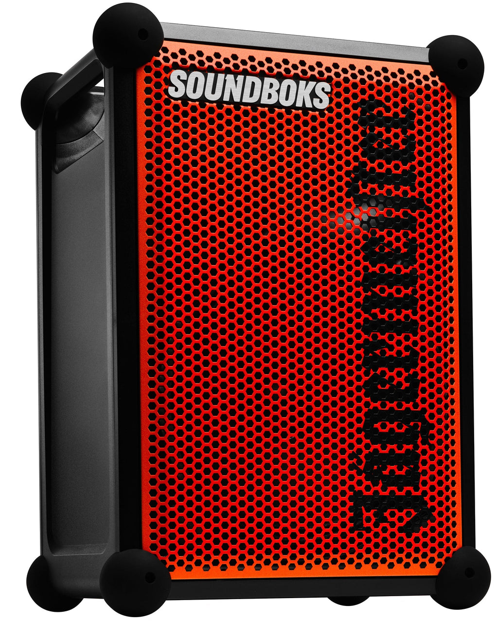 Orange and black portable Soundboks speaker with 'Jägermeister' branding