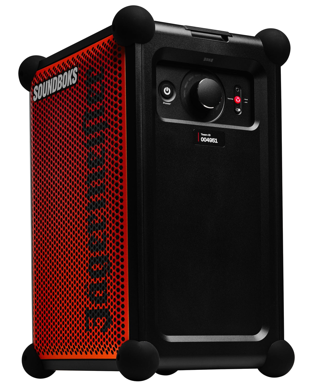 Orange and black portable Soundboks speaker with 'Jägermeister' branding