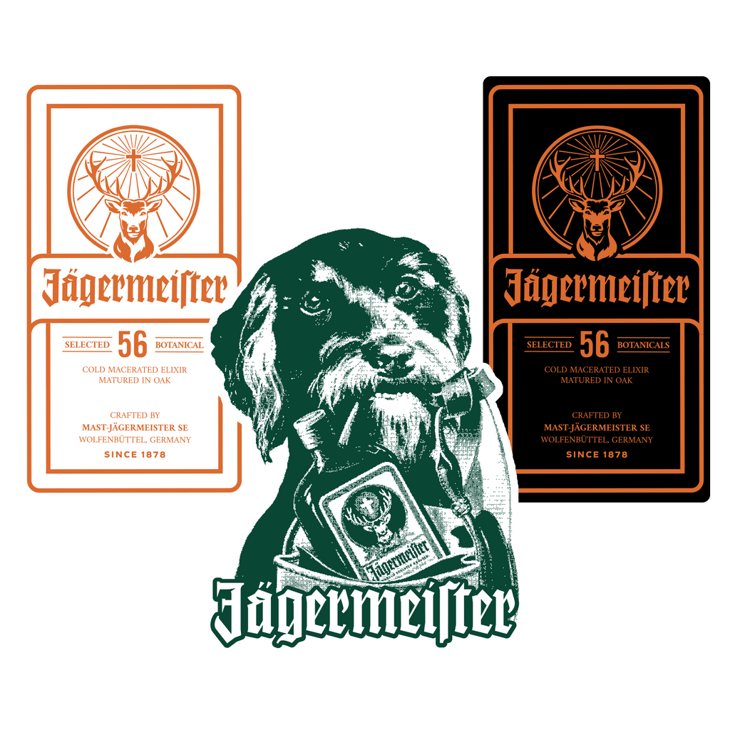 Jägermeister label in white and black with orange logo and logo with a dog holding a Jägermeister bottle label on a white background
