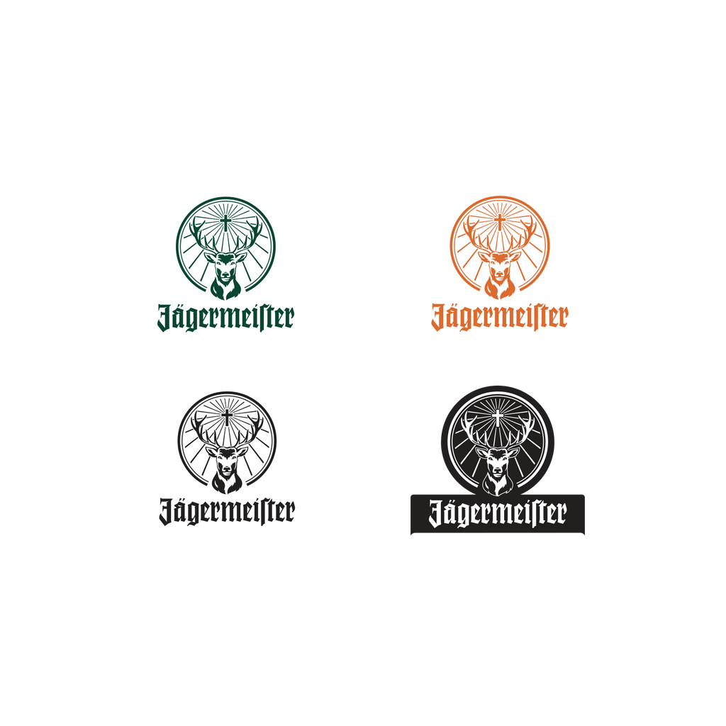 Four variations of Jägermeister logos on a white background
