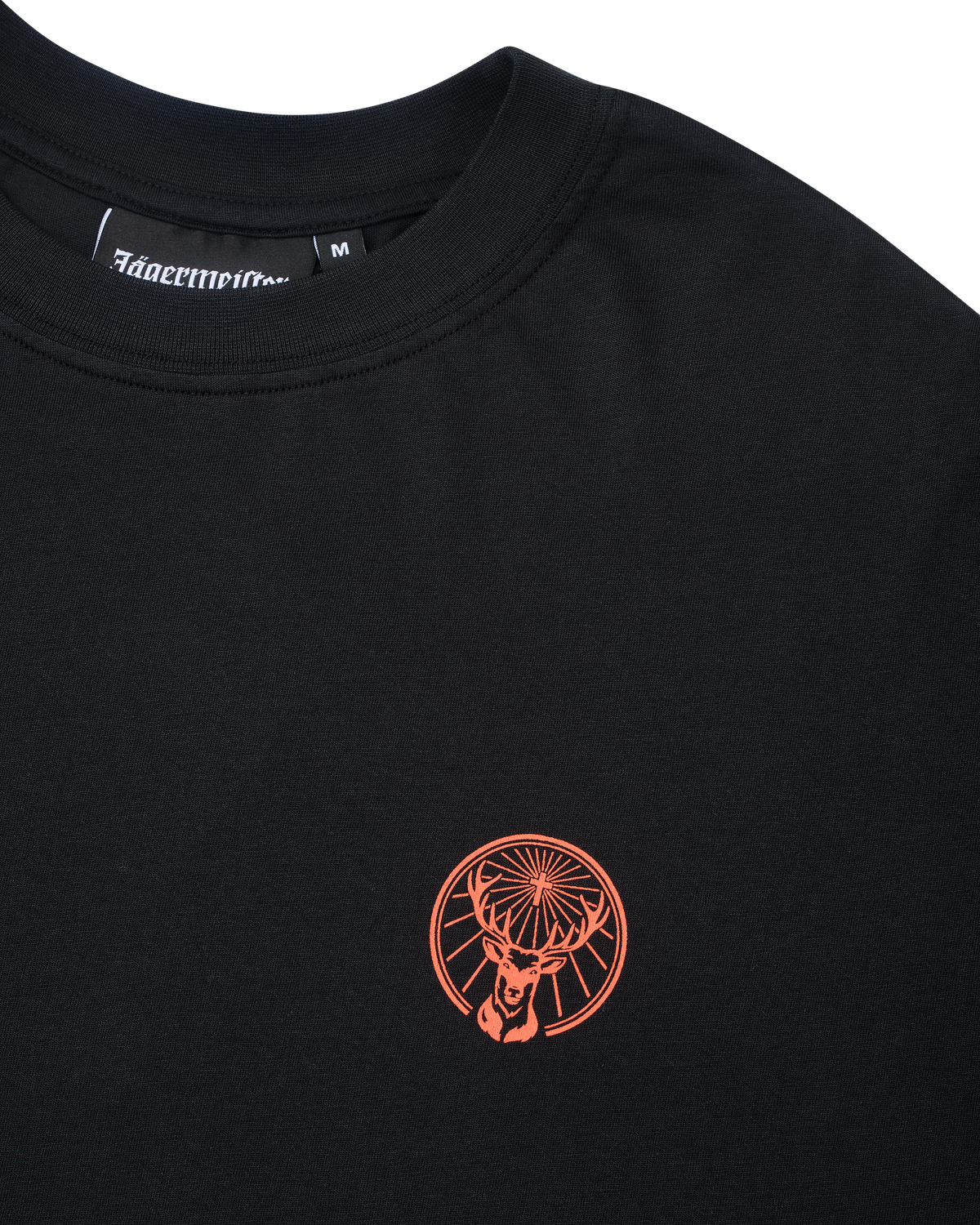 Black t-shirt with an orange Jägermeister logo.